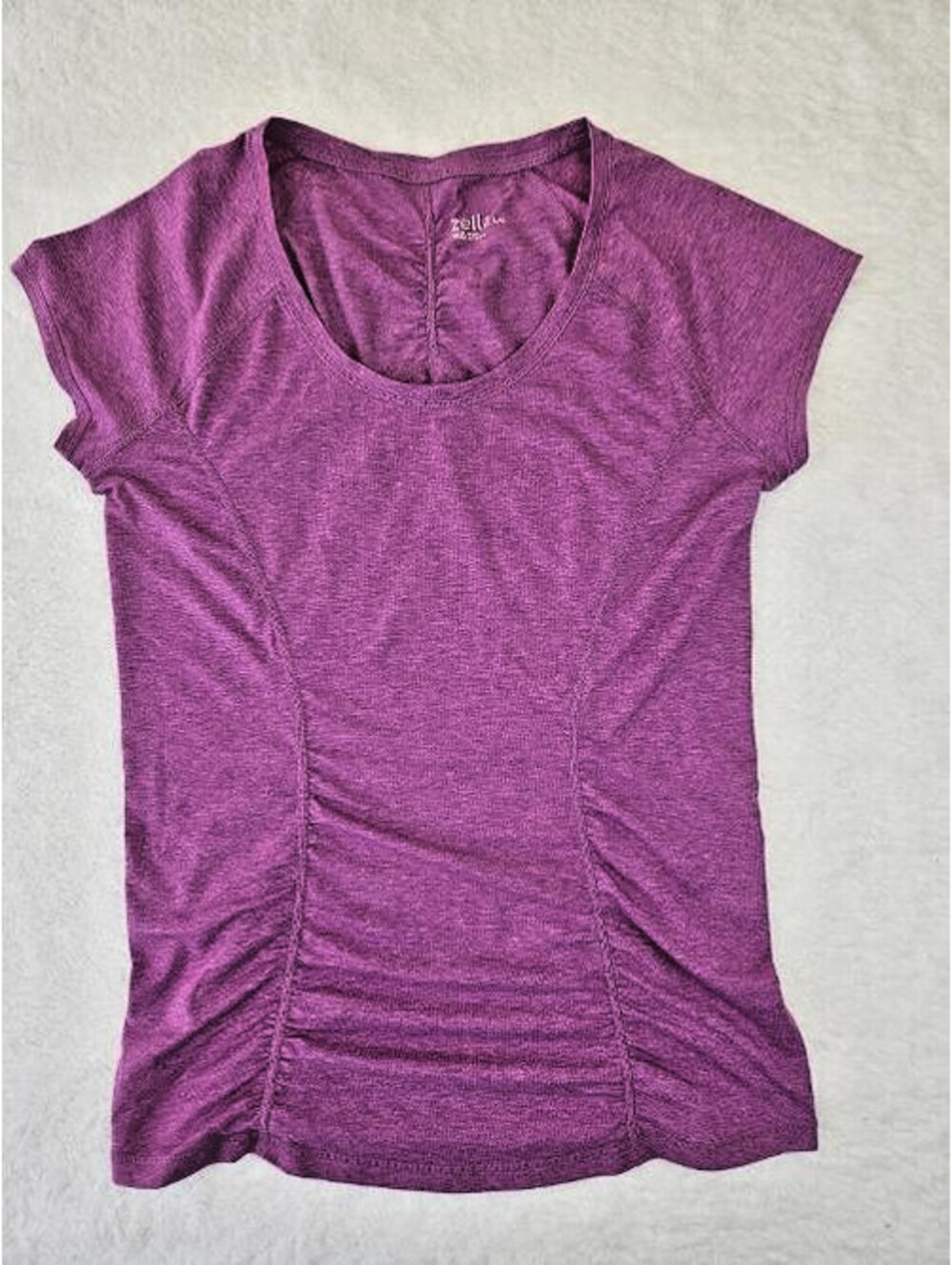 Size: L, ZELLA, Purple short sleeve rucked athletic top.